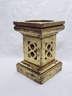 Distressed Gold Carved Wood India Pillar Candle Stand 6 x 4 Inches